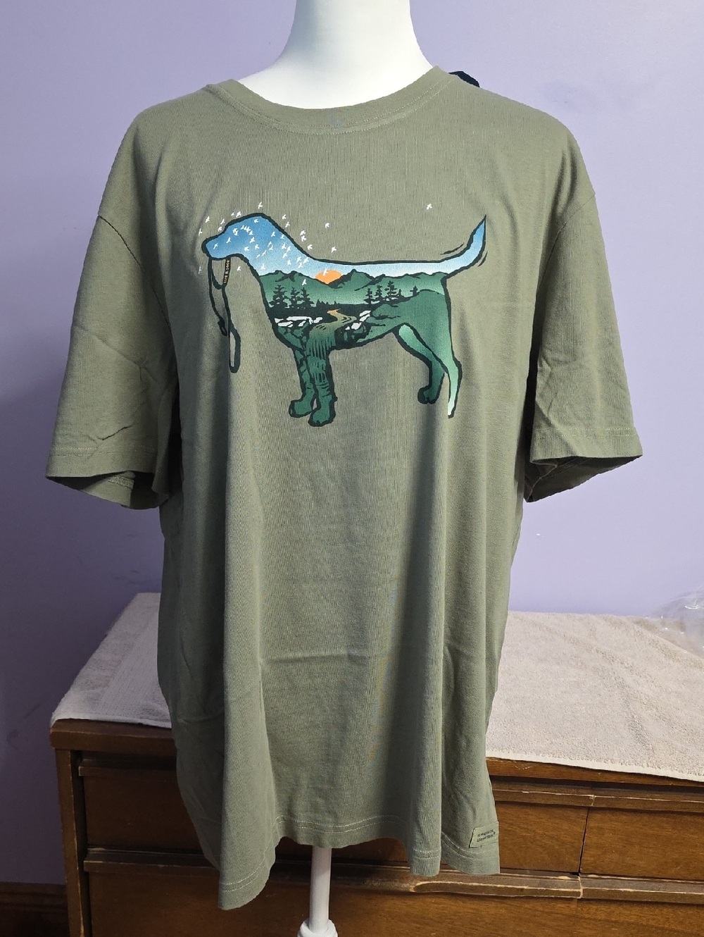 Life Is Good Olive Green Crusher Tee with Dog Scene Graphic